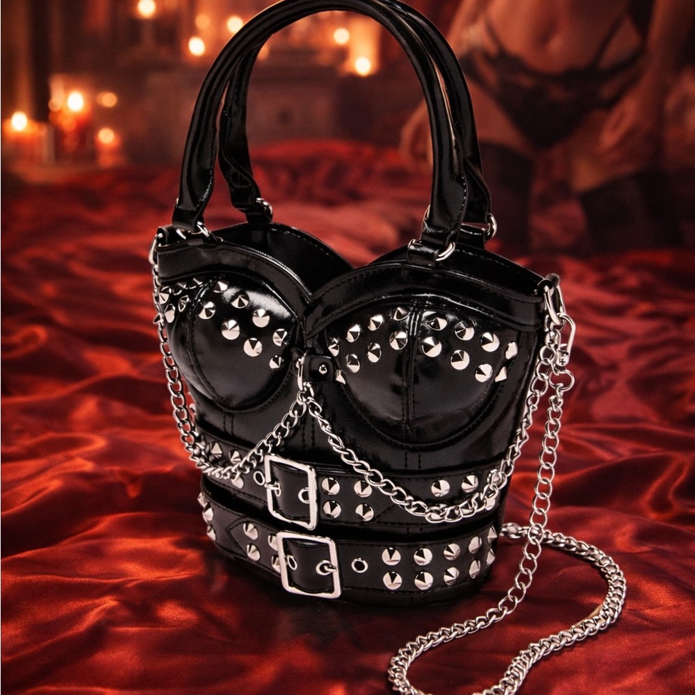 Fashion Nova Heart Throb Black Studded Corset Chain-Accent Shoulder Bag w/ Chain - Picture 3 of 13